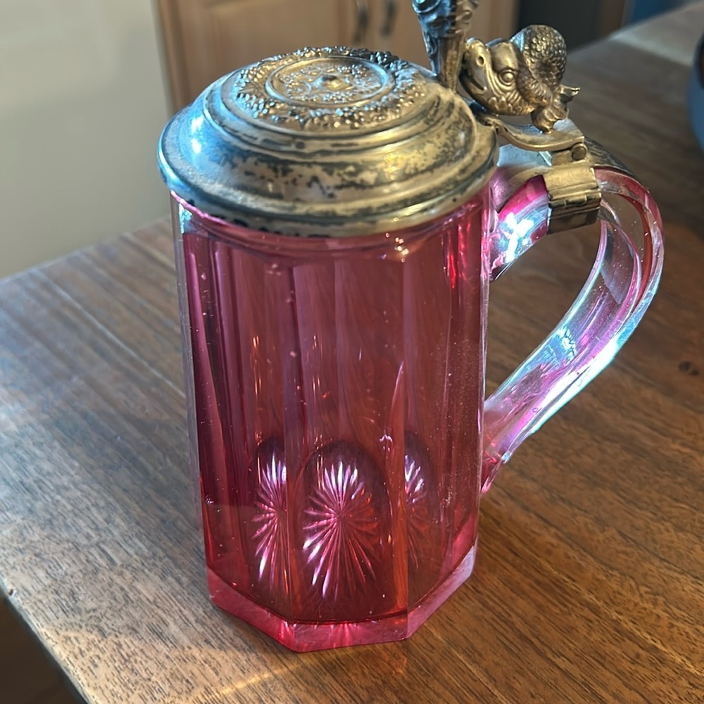 Cranberry glass tankard with metal top